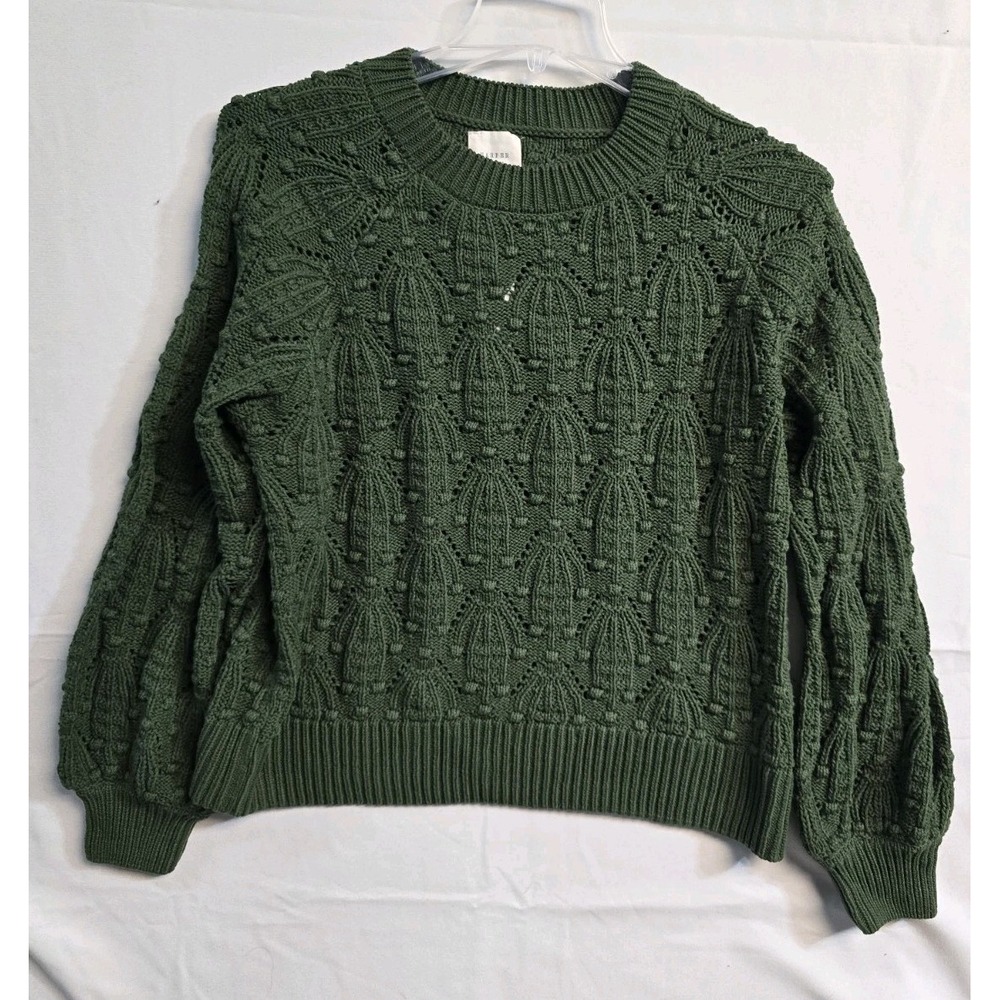 Francescas Harper Heritage Knit Sweater L Green Crewneck Pullover Balloon Sleeve